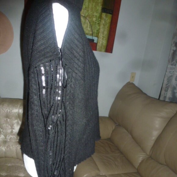 Thick & Cozy Cold-Shoulder  – Black w/Embellished Sleeve Sweater Size M - Picture 4 of 9